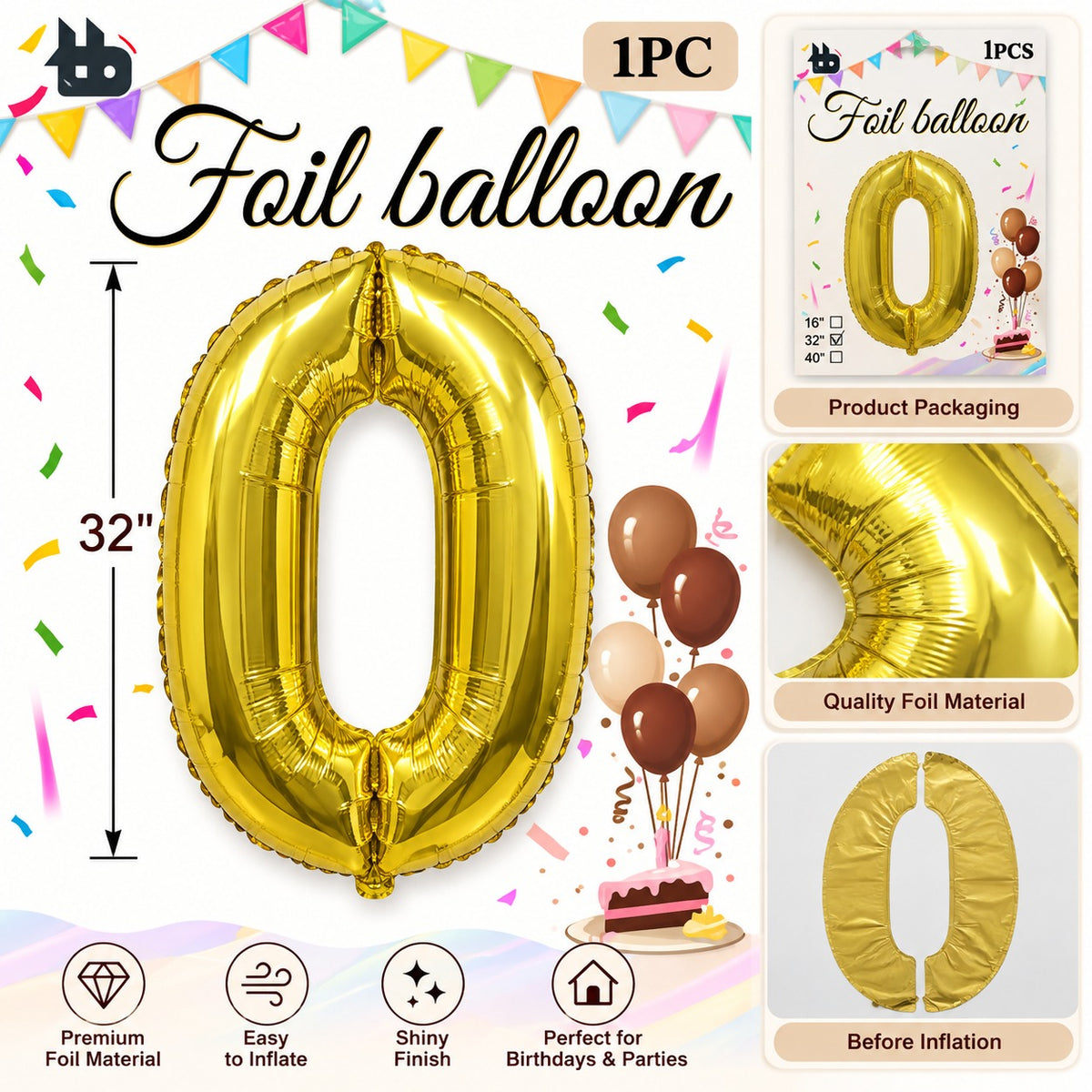 0 Number 32 Inch Number Foil Balloon - 1 Pc