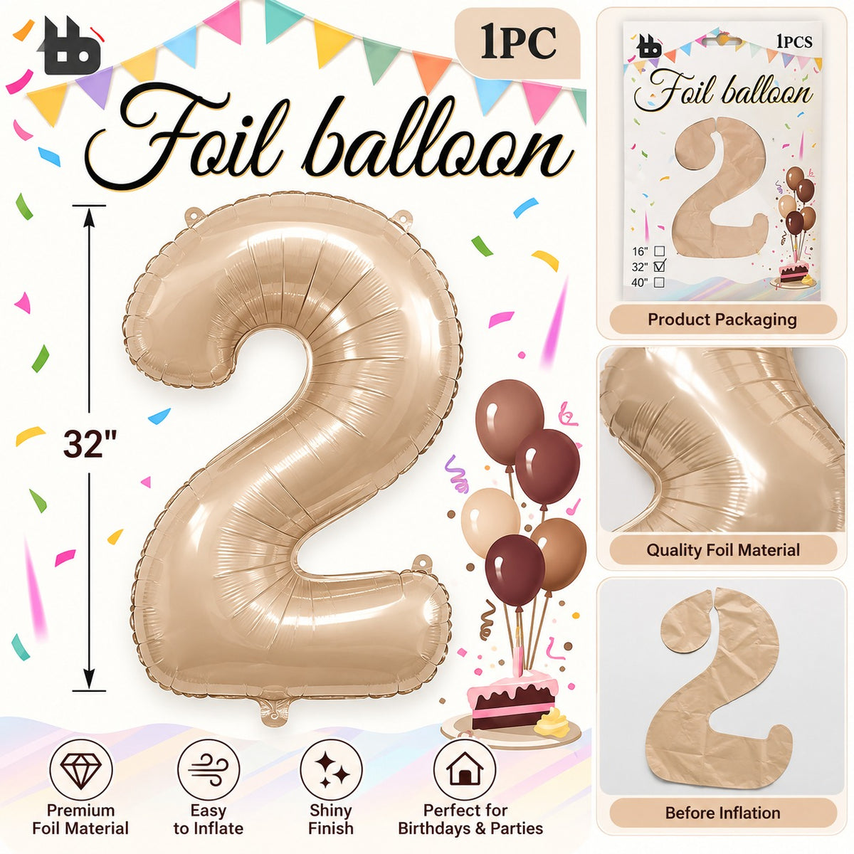 2 Number 32 Inch Number Foil Balloon - 1 Pc