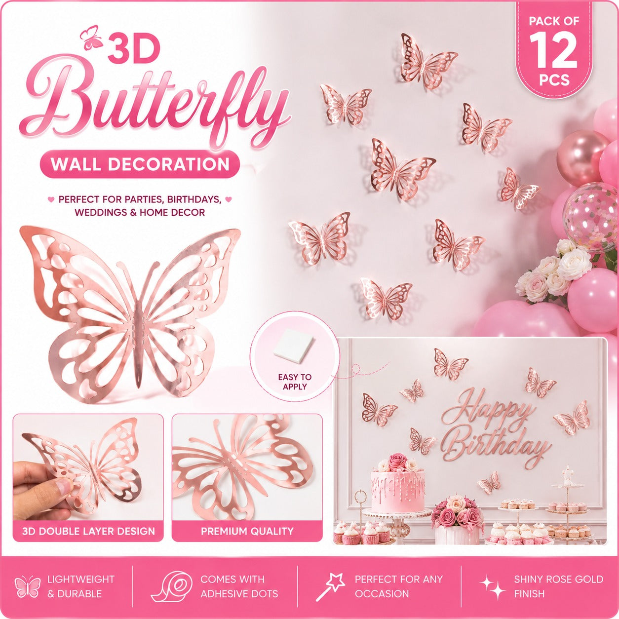 3D BUTTERFLY DECORATION - PACK OF 12