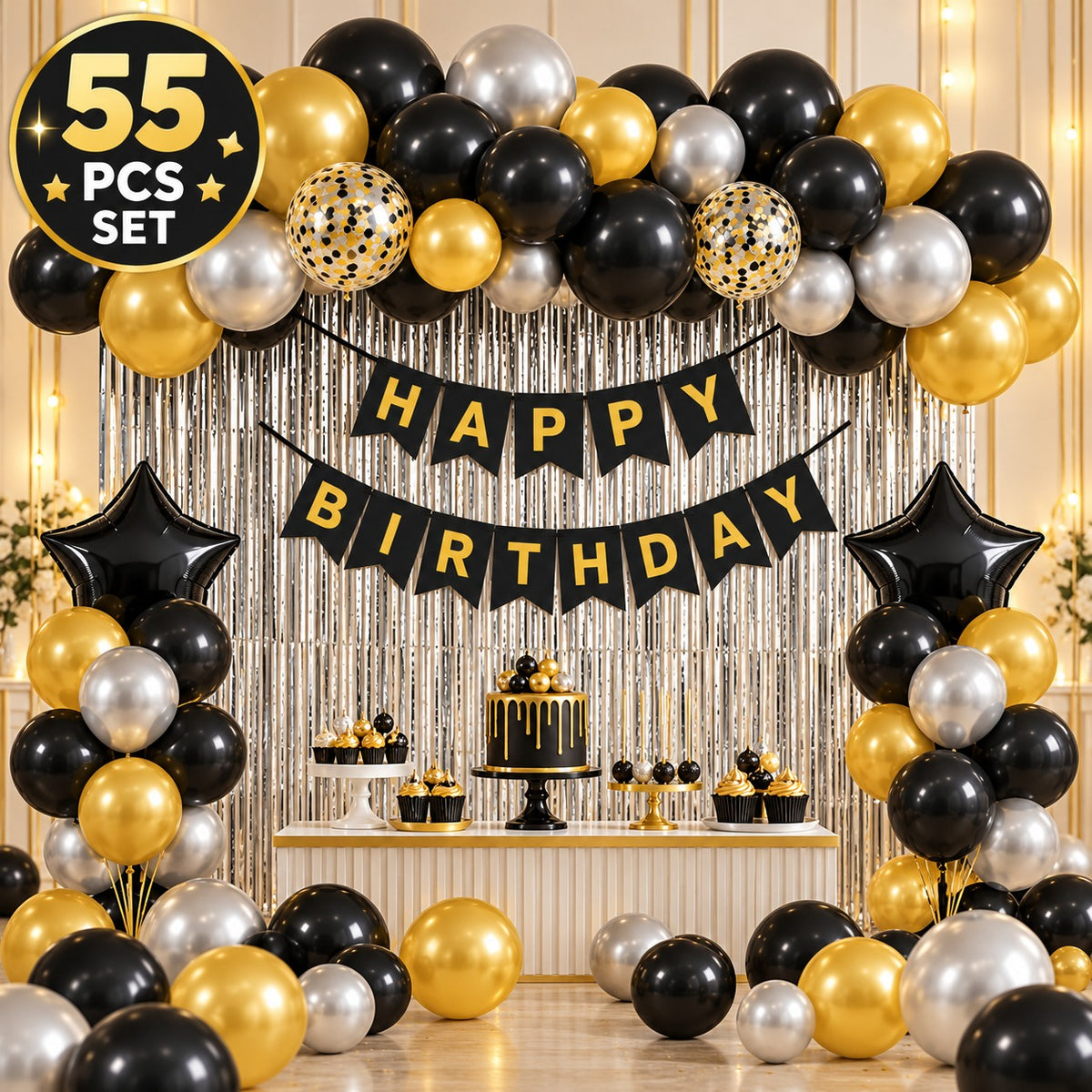 55 Pc Happy Birthday Kit - Black, Gold & Silver