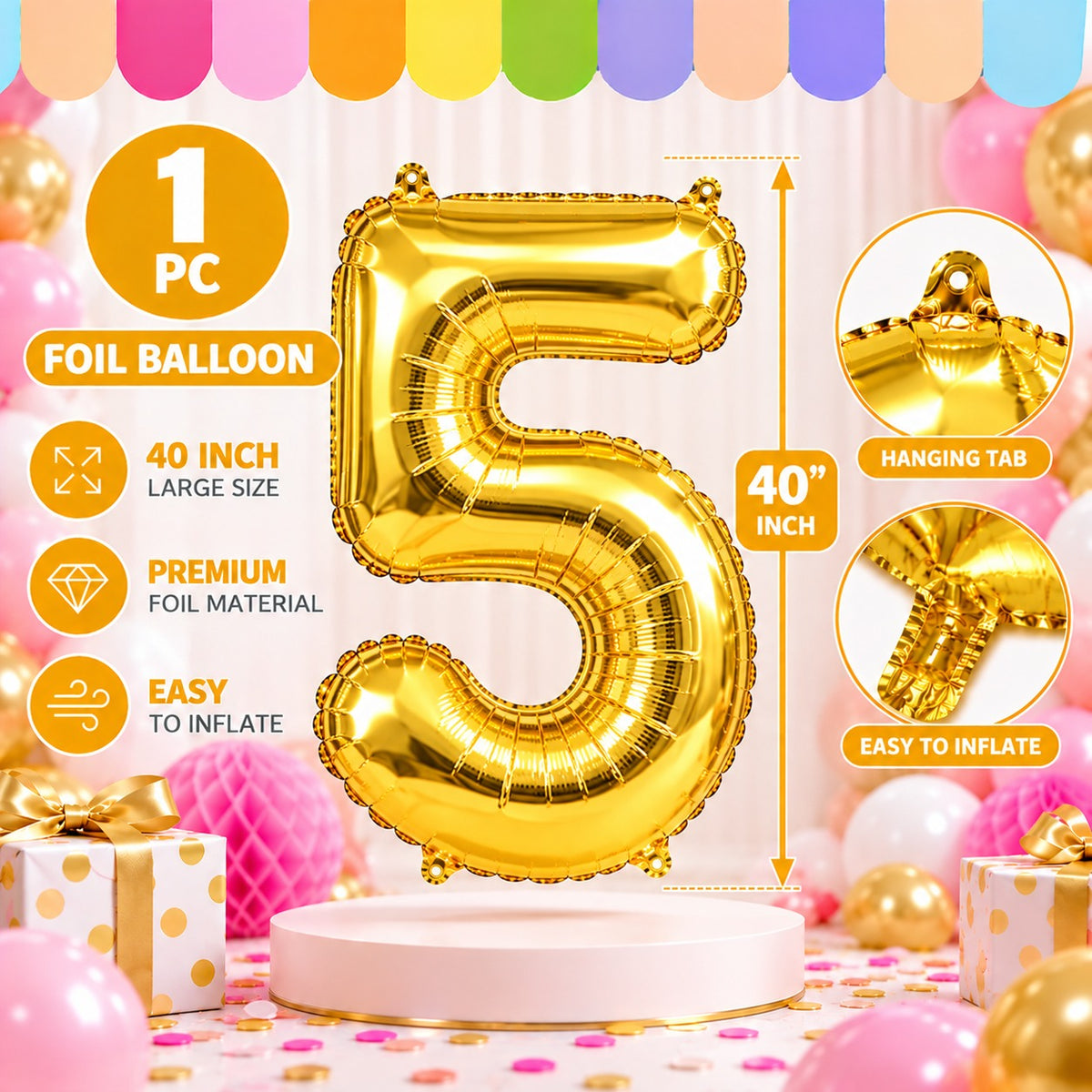 40 Inch 5 Number Foil Balloon - 1 Pc