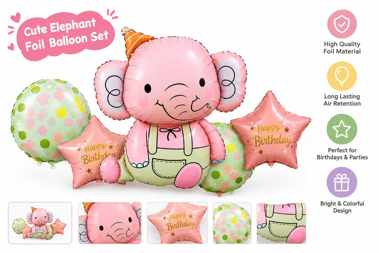 5 Pcs Set Elephant Foil Balloons - Pink