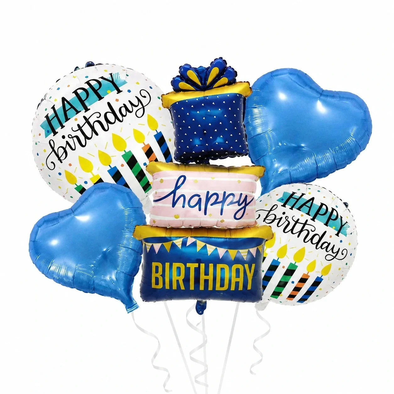 5 pcs Set Happy Birthday Blue 3 Tier Gift Box Shaped Foil Balloons