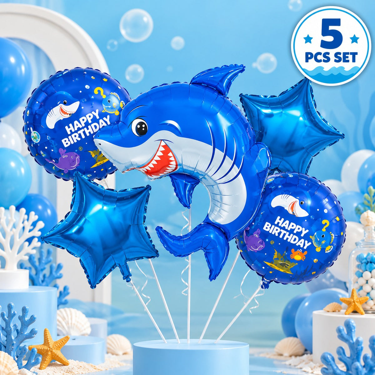 5 Pc Set Shark Foil Balloons
