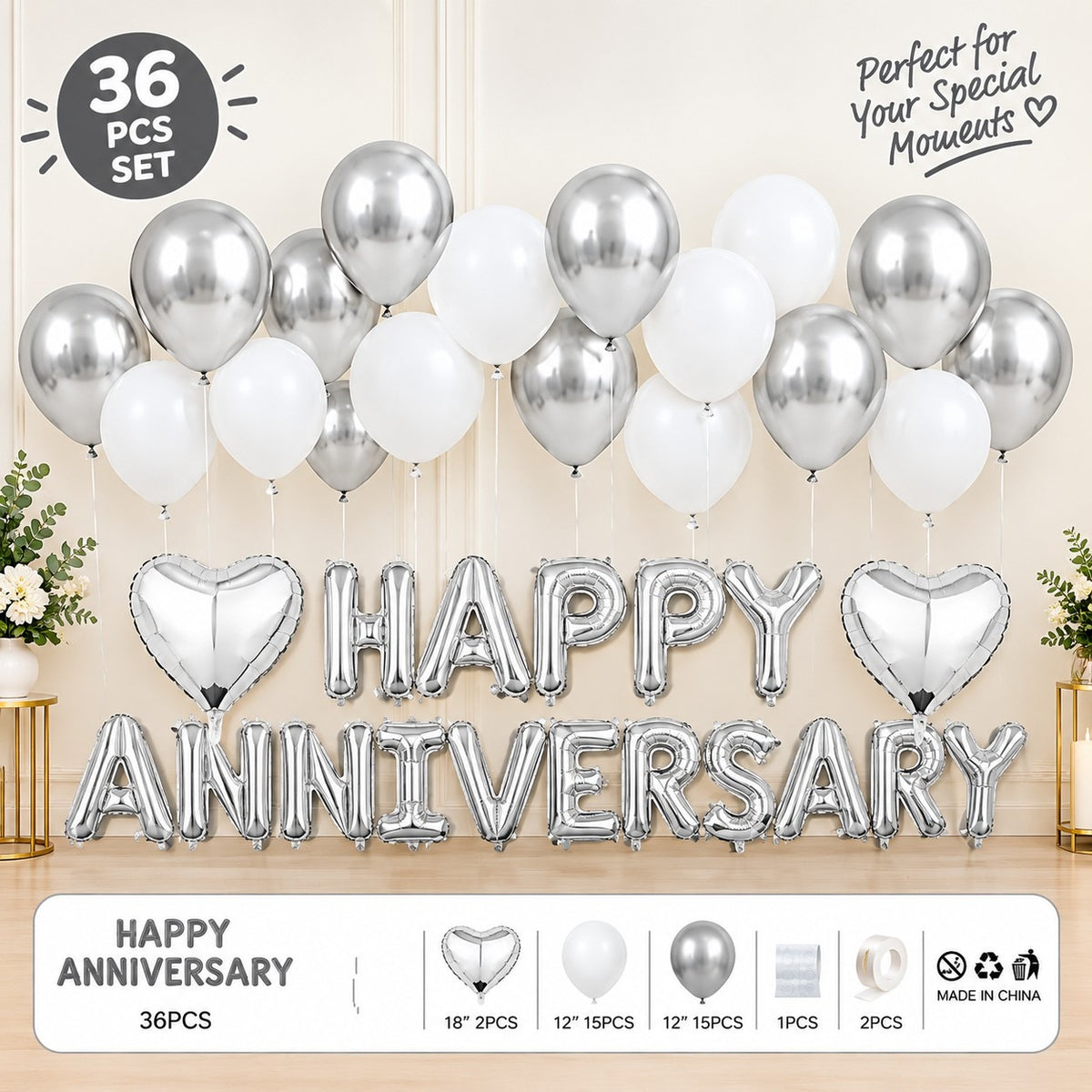 36 Pc Happy Anniversary Foil Balloon Set
