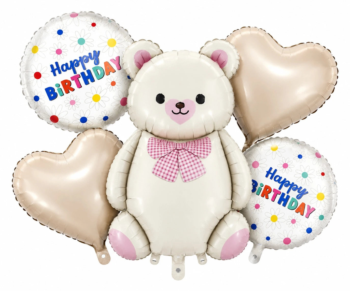 Happy Birthday with White Bear and White Heart 5 Pcs Character Foil Balloon