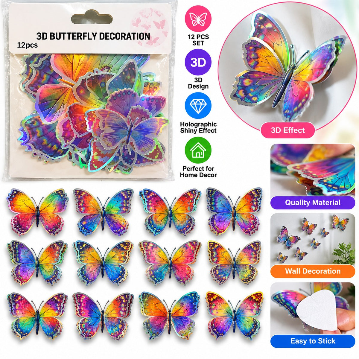 Ice Crystal 3D Butterfly Decoration - Pack of 12
