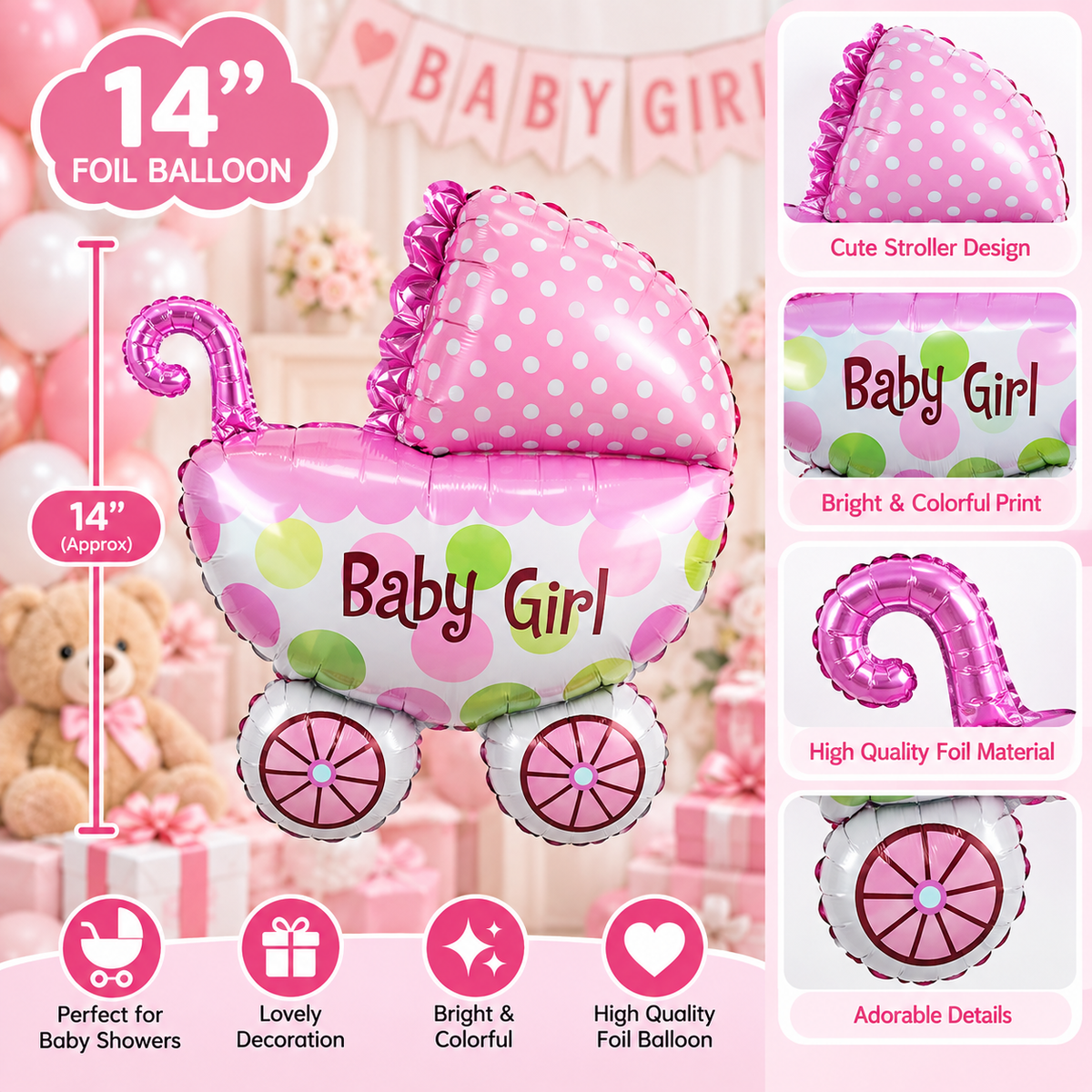 Baby Girl Baby Cot Foil Balloon 14 Inch - 1pc