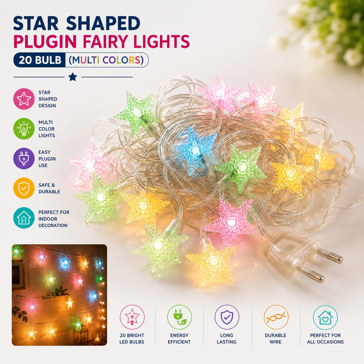 Star Shaped Plugin Fairy Lights 20 bulb