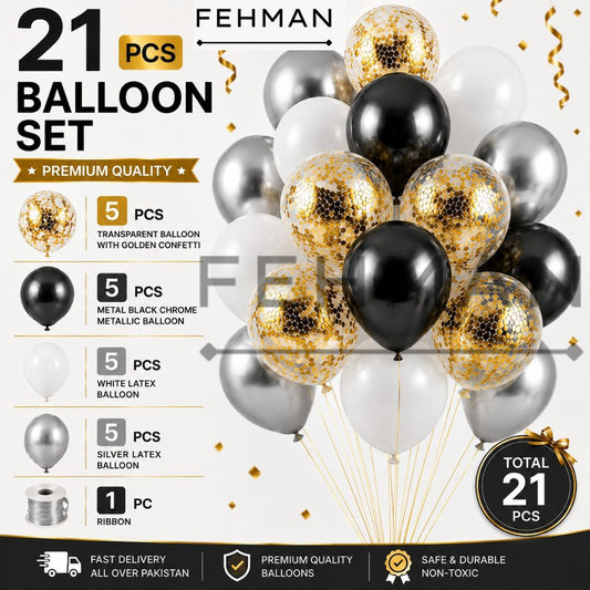 21 Pcs Confetti Balloon Set with Chrome Metallic & Latex Balloon