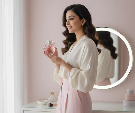 Pakistani woman holding a pink fruity floral perfume for daily wear
