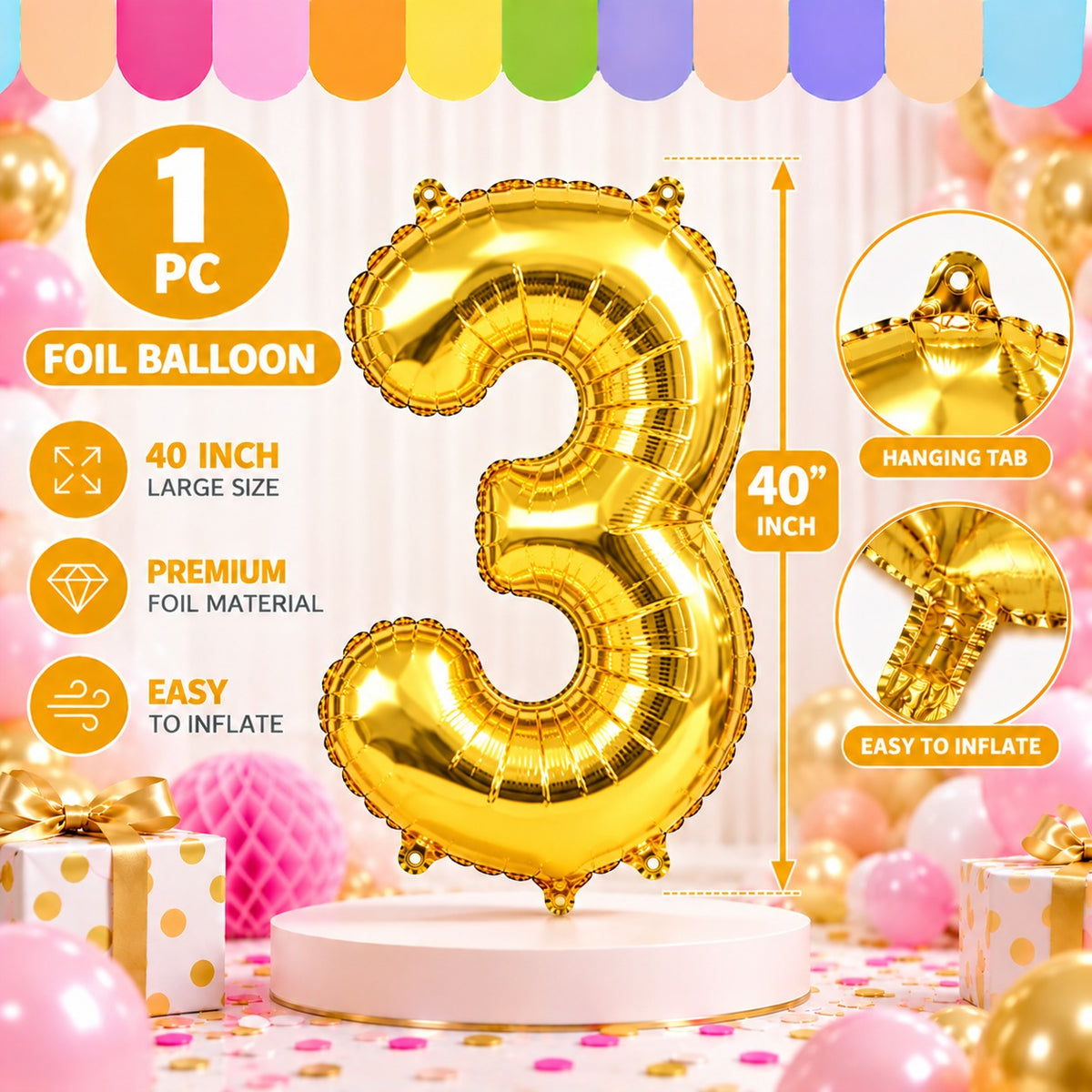 40 Inch 3 Number Foil Balloon - 1 Pc