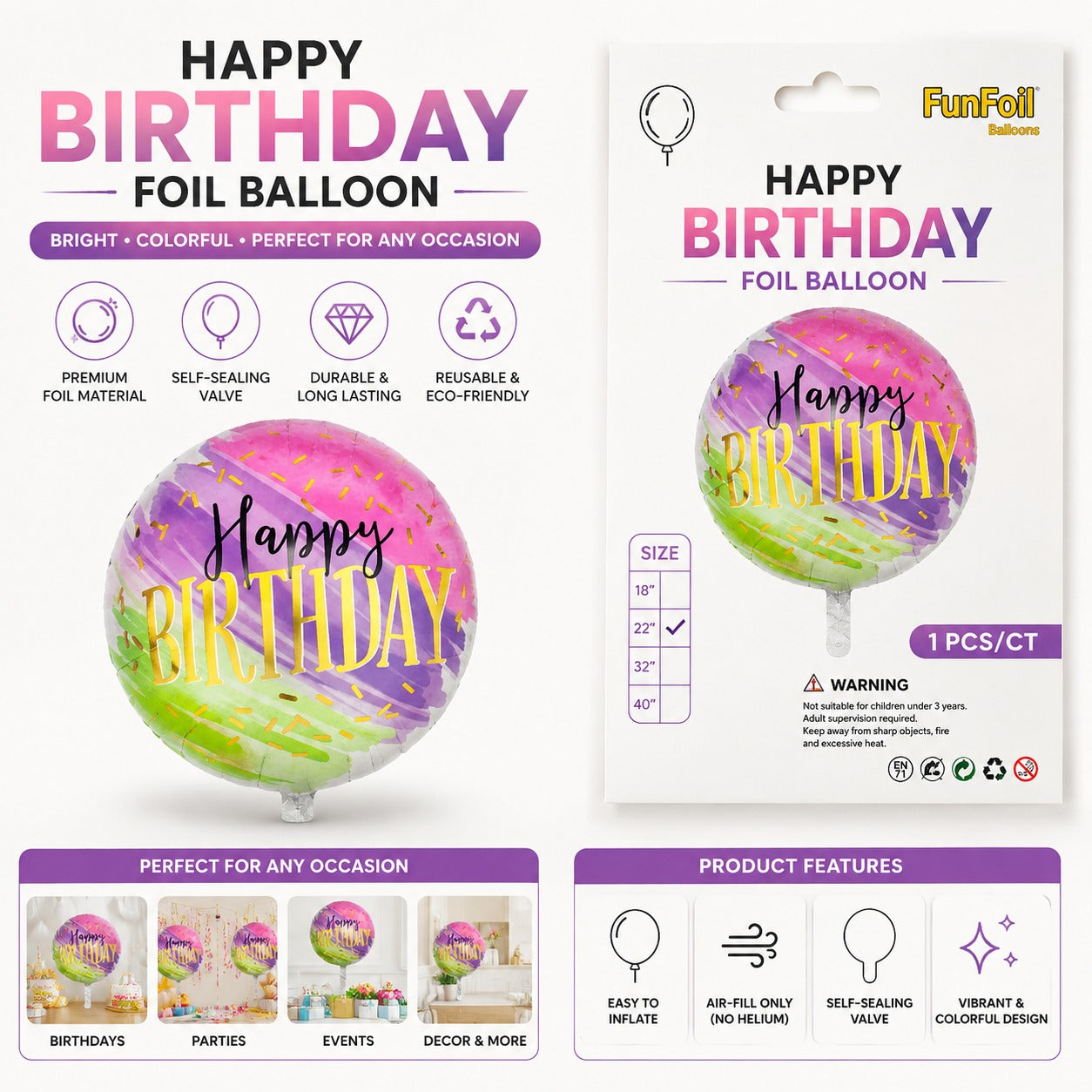 18 Inch Happy Birthday Round Foil Multi Color Balloon