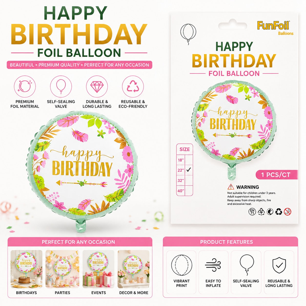 18 Inch Happy Birthday Round Foil White Balloon