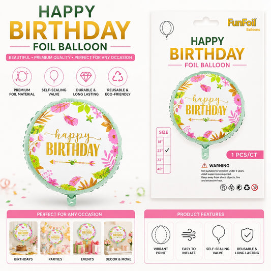 18 Inch Happy Birthday Round Foil White Balloon