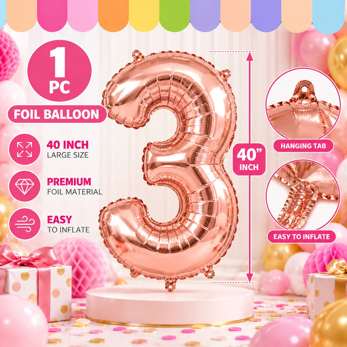 40 Inch 3 Number Foil Balloon - 1 Pc