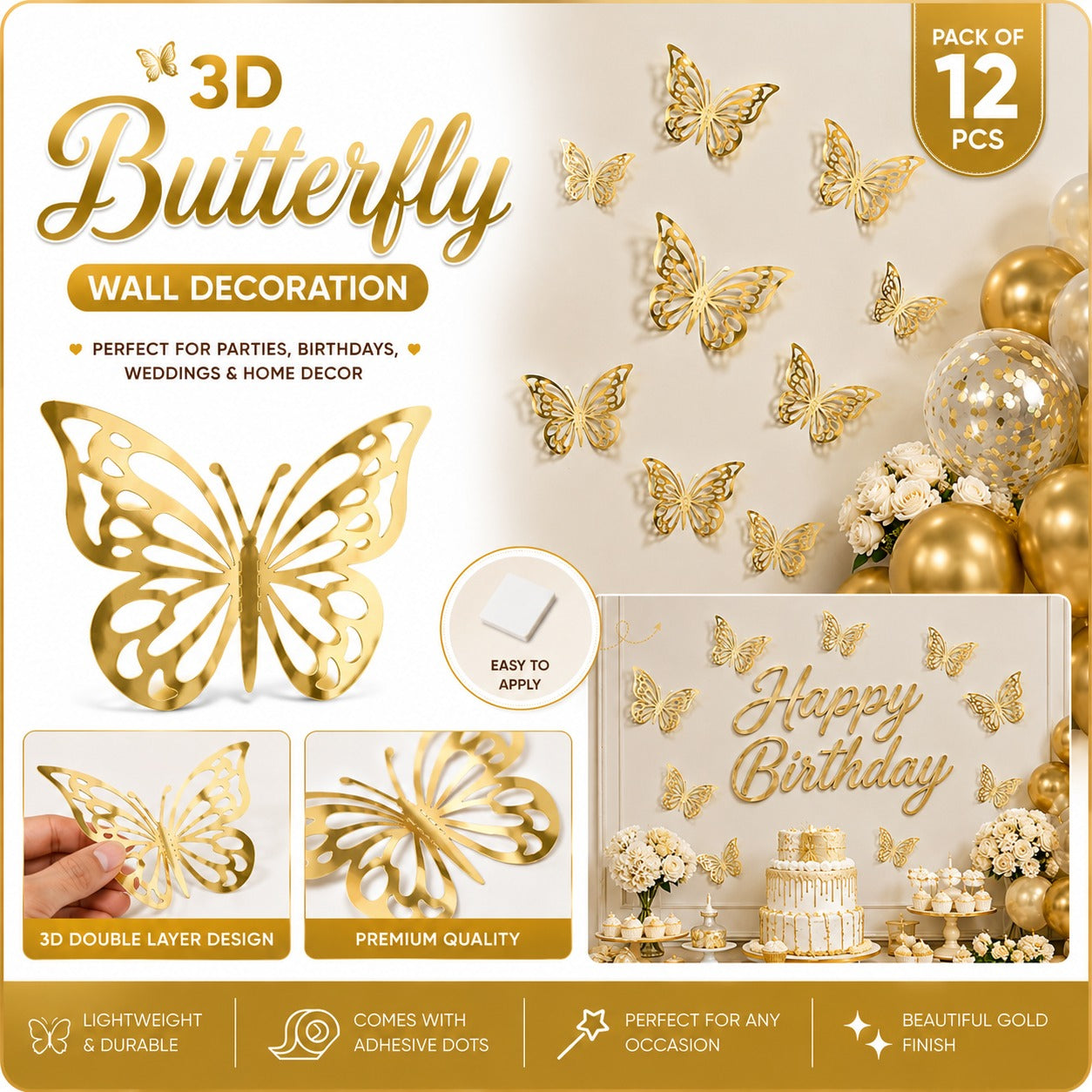 3D BUTTERFLY DECORATION - PACK OF 12