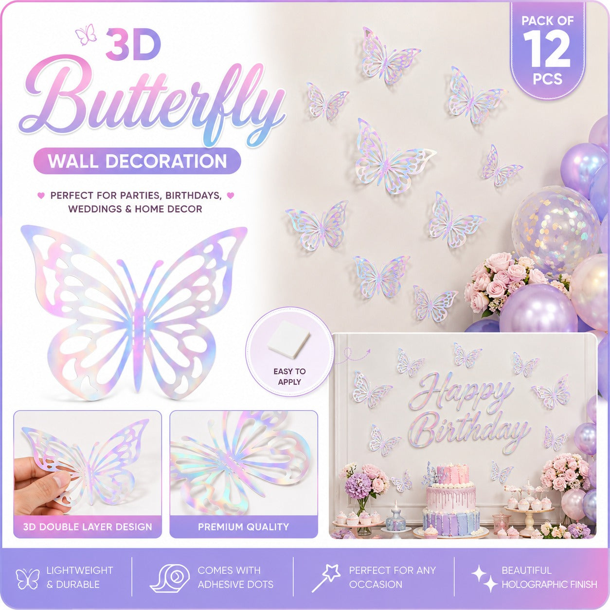 3D BUTTERFLY DECORATION - PACK OF 12
