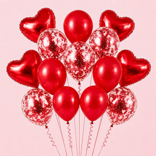14 Pc Set Heart Shaped, Cofetti, Latex Ballon - Multi Color