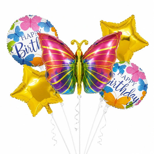 5 Pcs Set Butterfly with Star & Bday Foil Balloons