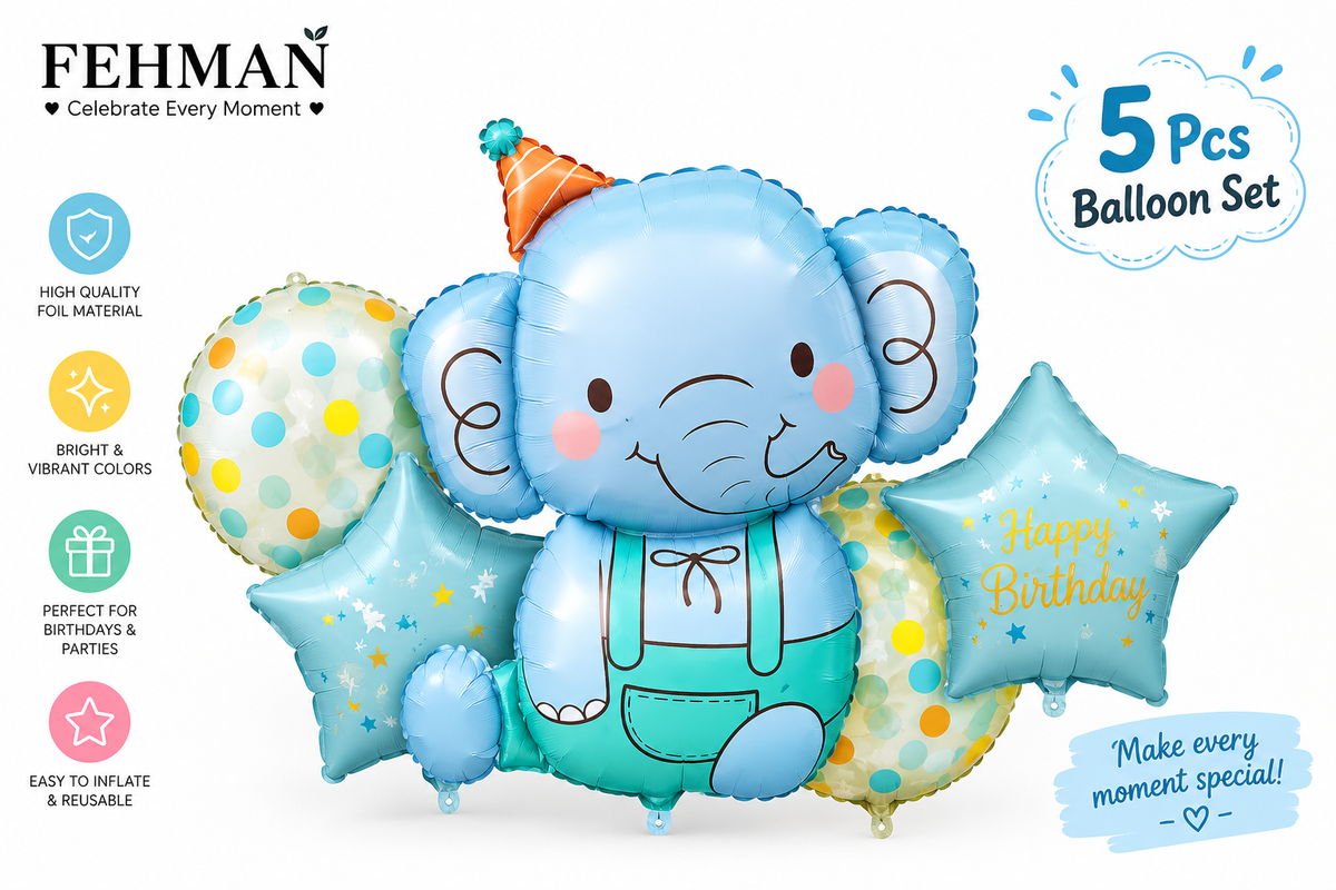 5 Pcs Set Elephant Foil Balloons - Blue