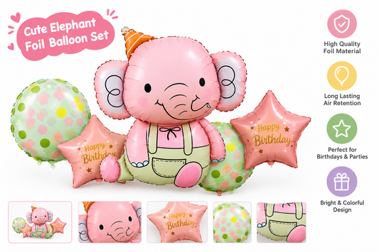 5 Pcs Set Elephant Foil Balloons - Pink