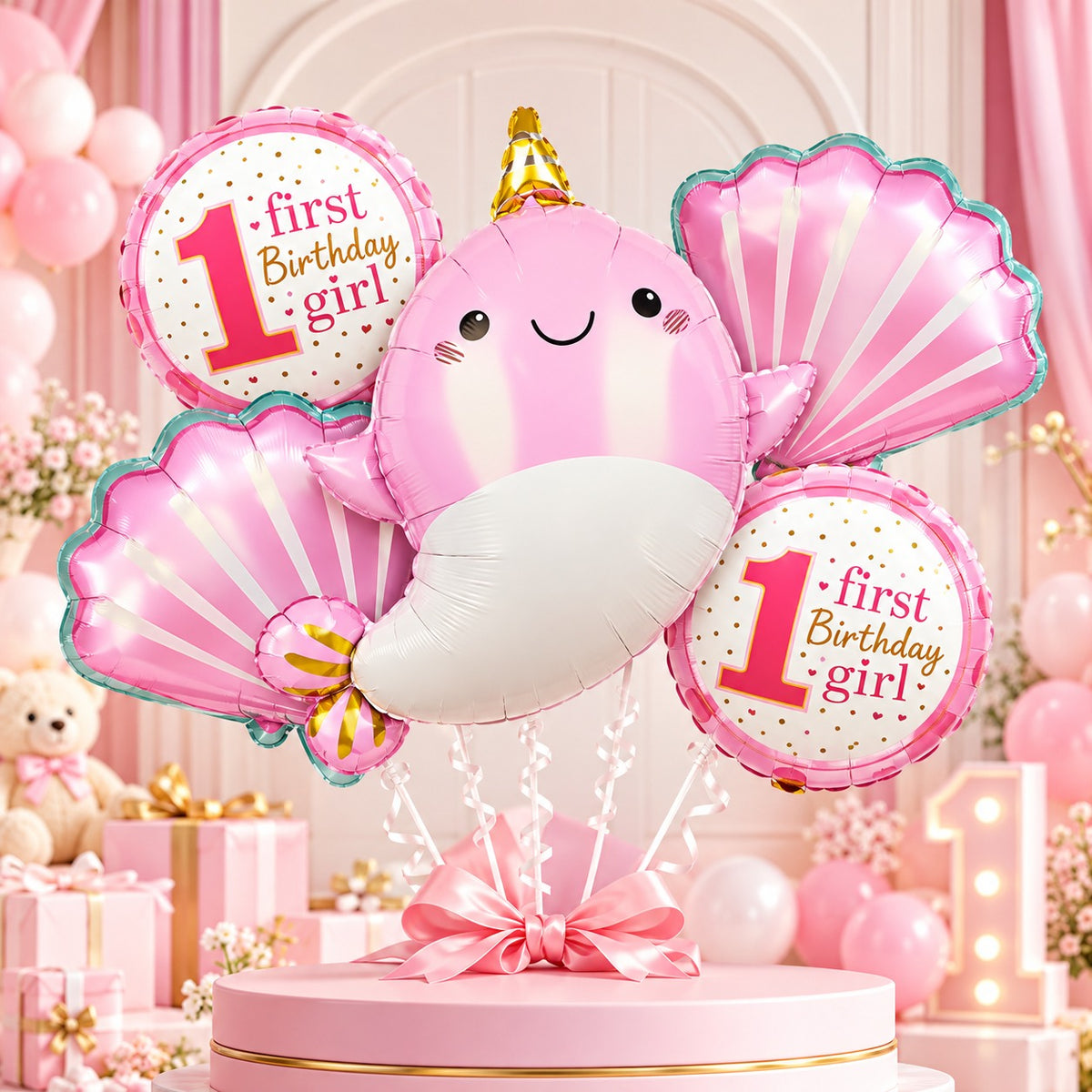 5 Pc Set Fish with 1st Birthday Girl Foil Balloons