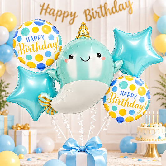 5 Pc Set Fish with Happy Birthday Foil Balloons