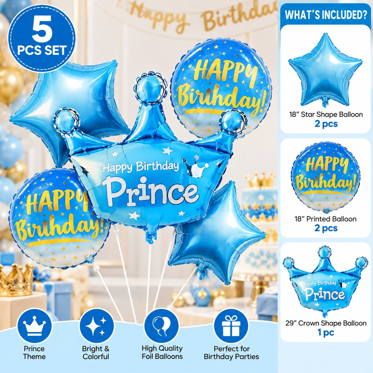 5 Pc Set Happy Birthday Prince Foil Balloons