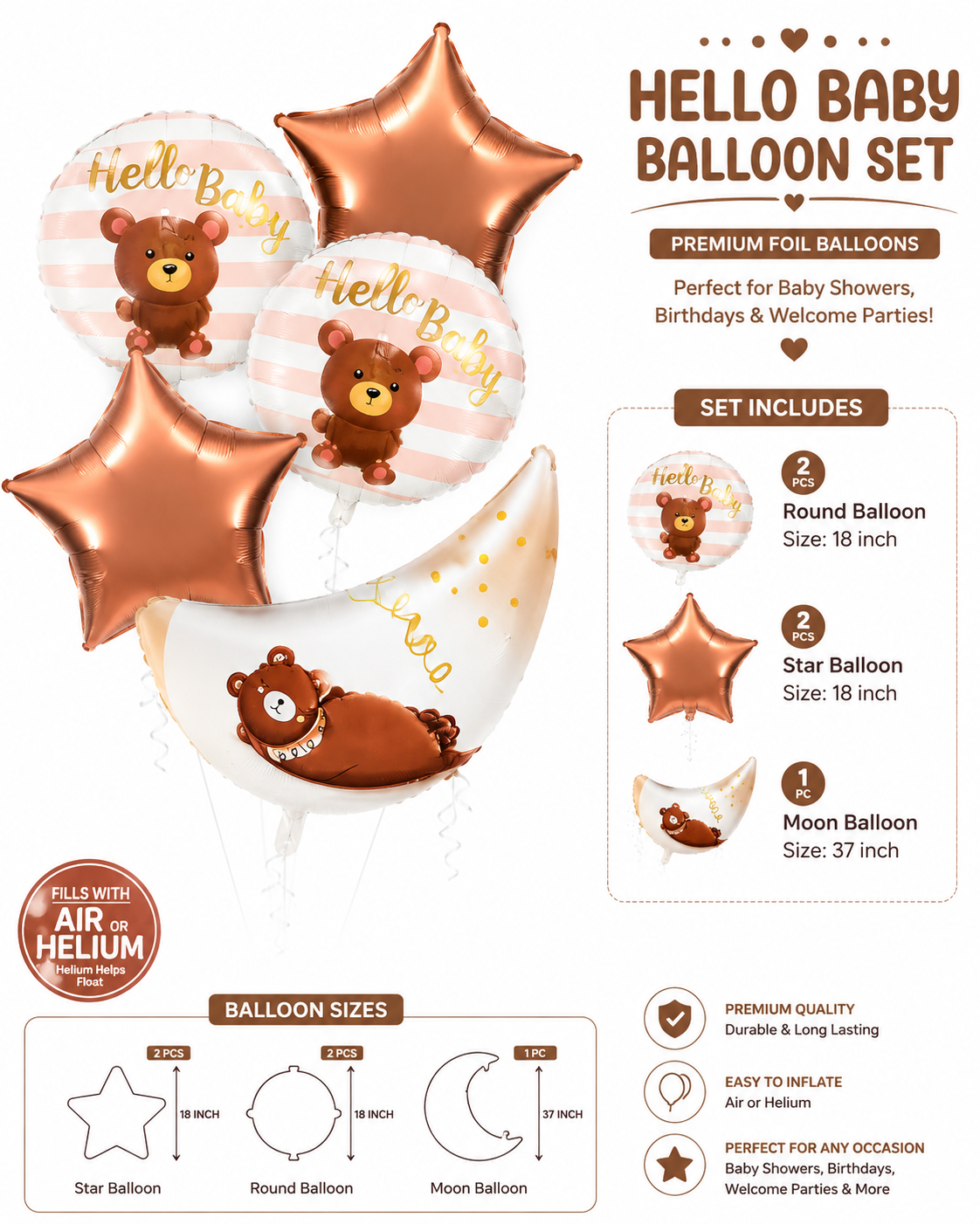5pcs Set Hello Baby with Moon & Star Foil Balloons