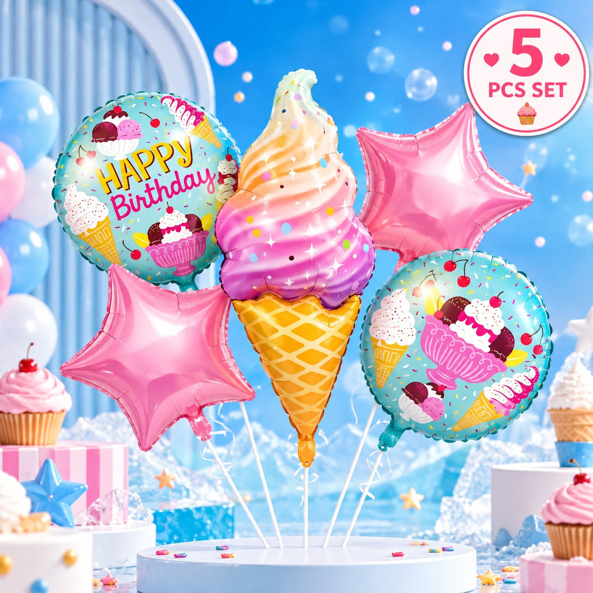 5 Pc Set Ice Cream Foil Balloons