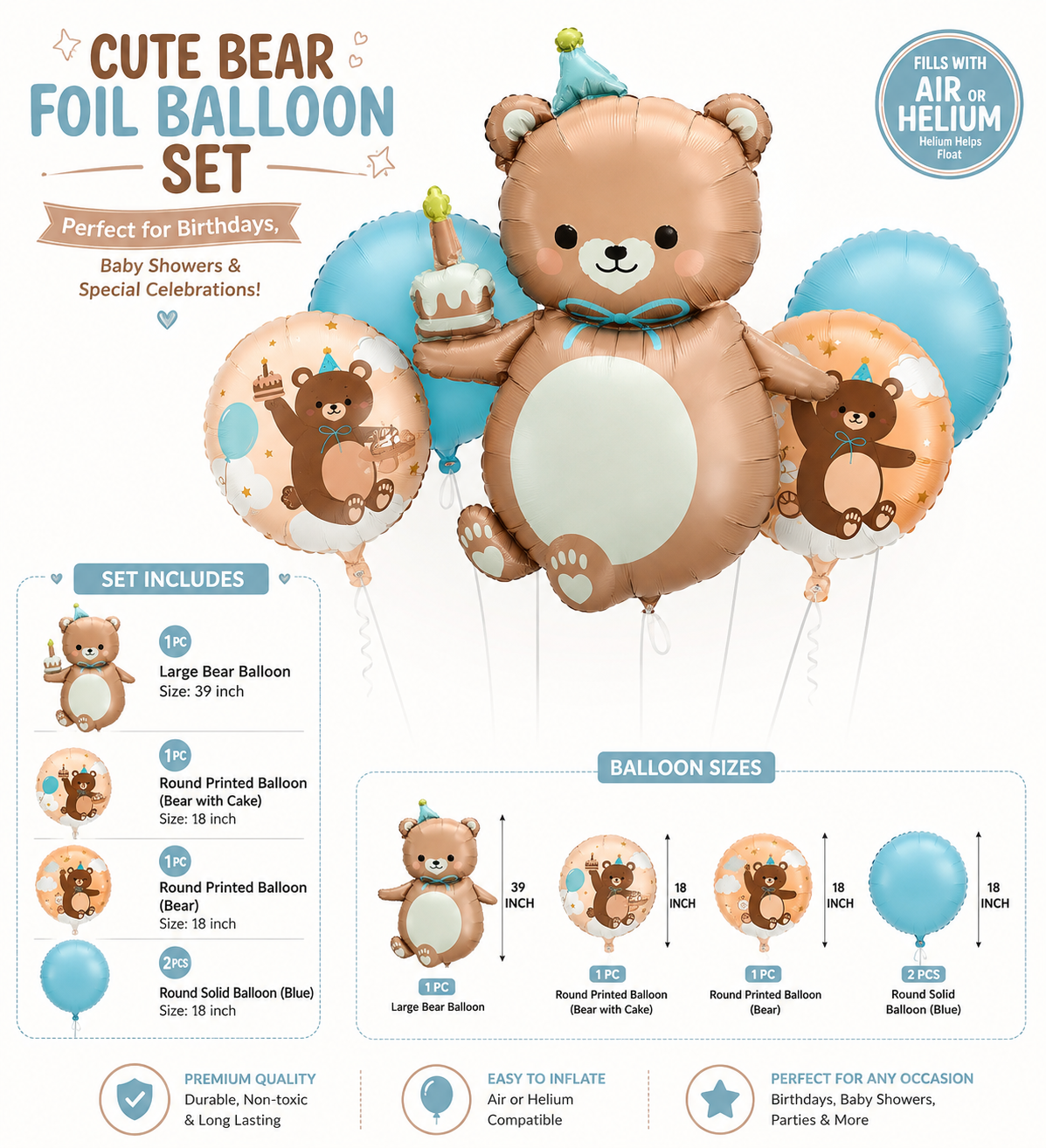 5 Pcs Set Teddy Bear with Birthday Cake Foil Balloons