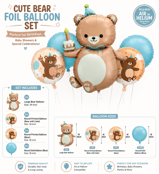 5 Pcs Set Teddy Bear with Birthday Cake Foil Balloons