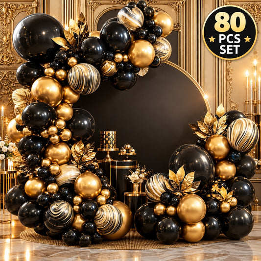 80 pc set Happy Birthday Black, Gold & Silver Balloon Set