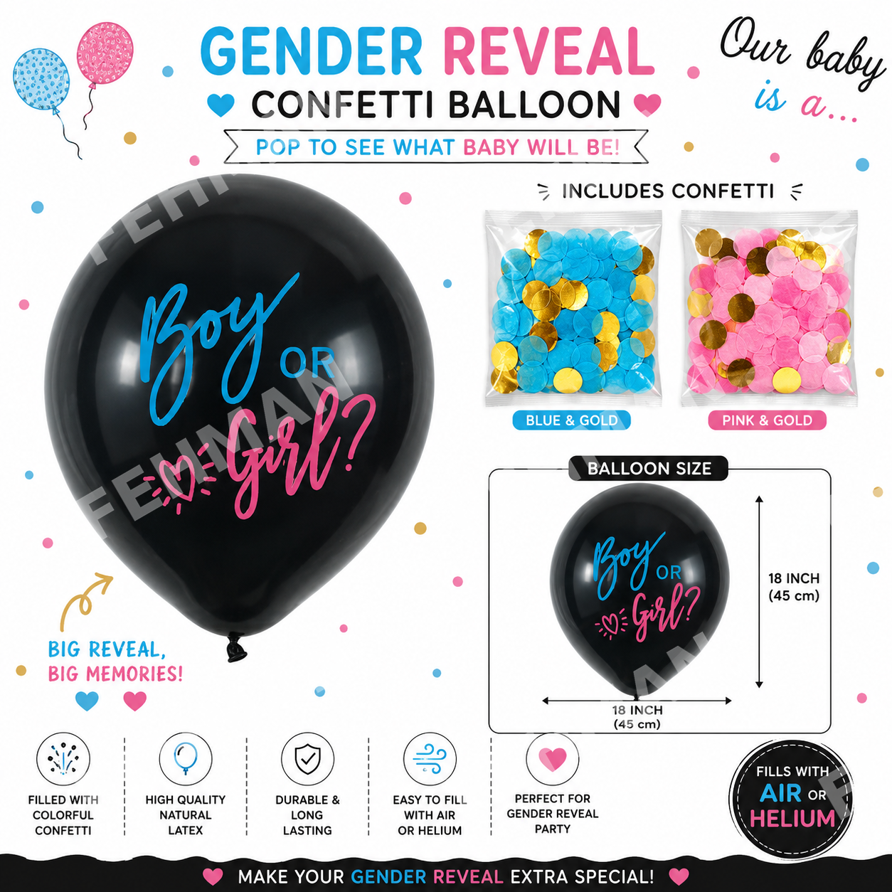 Gender Reveal Balloon with Confetti