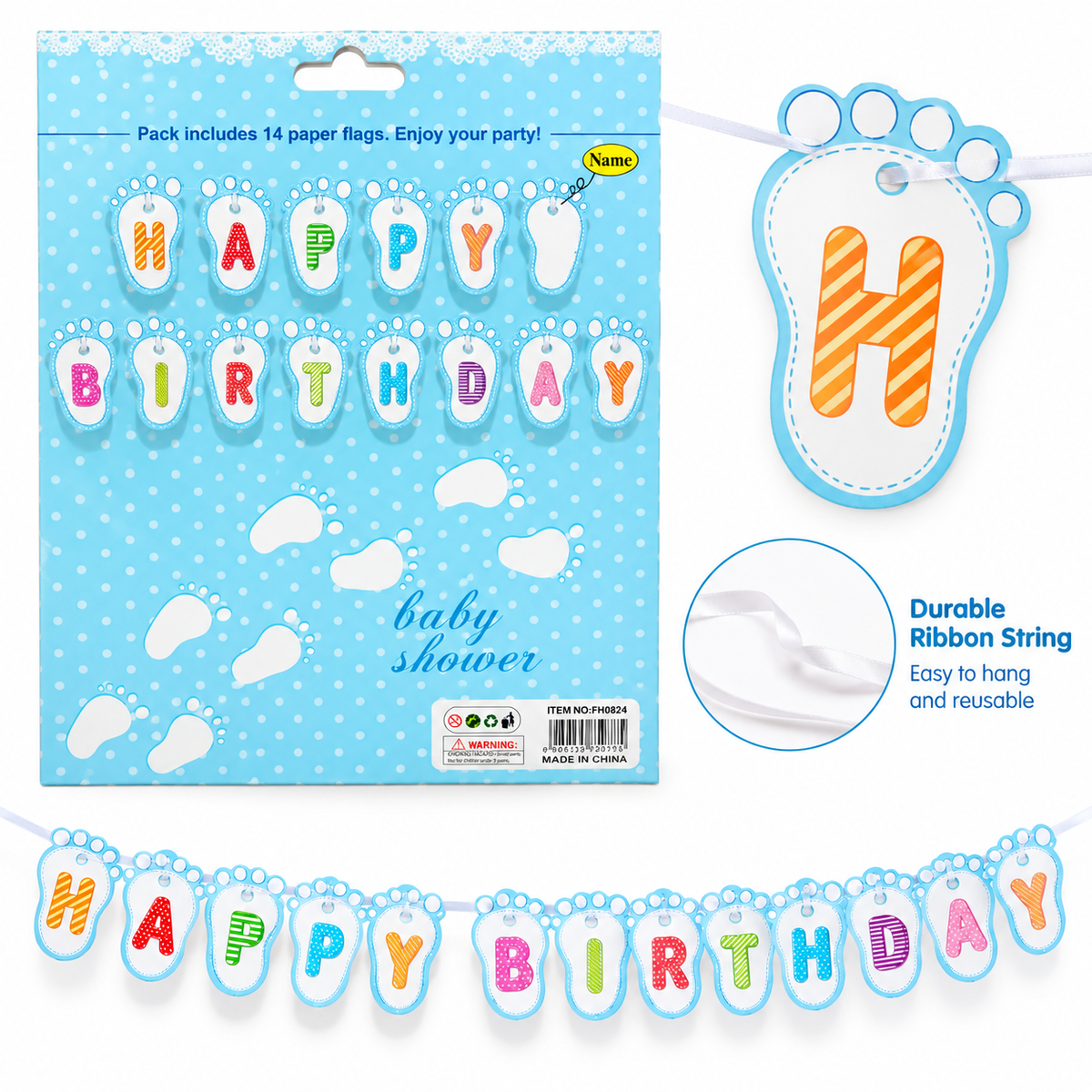 Happy Birthday Foot Chain Baby Shower Banner - Boy