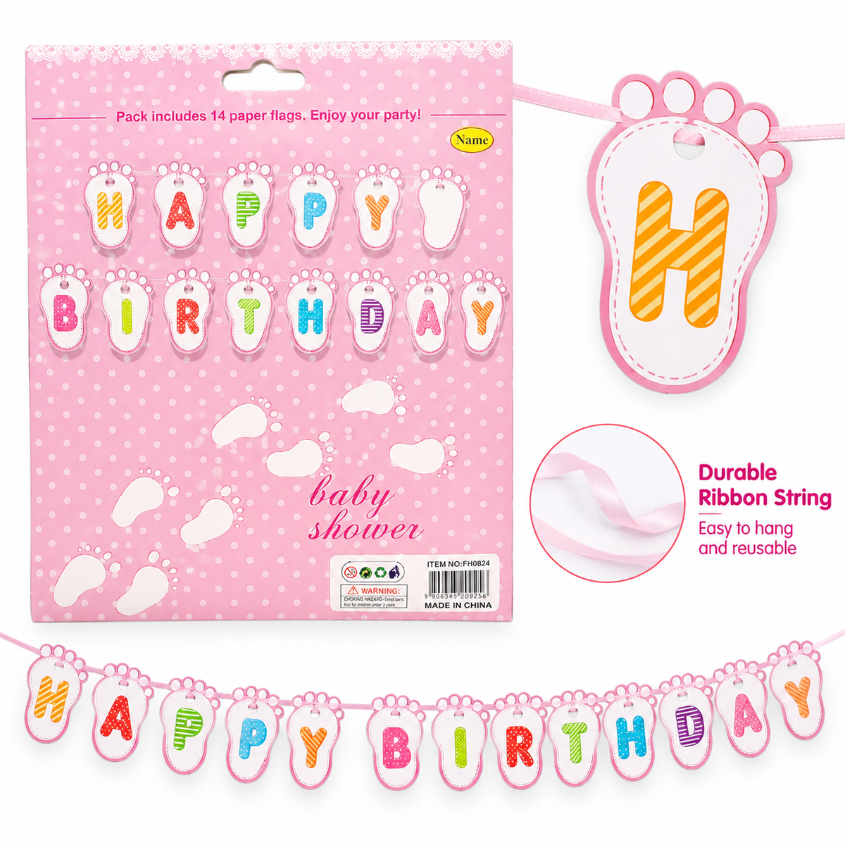 Happy Birthday Foot Chain Baby Shower Banner - Girl