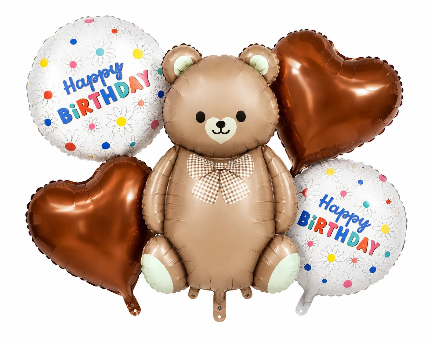 Happy Birthday with Brown Bear and Brown Heart 5 Pcs Character Foil Balloon
