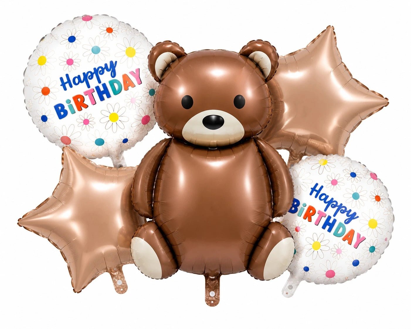Happy Birthday with Brown Bear and Brown Star 5 Pcs Character Foil Balloon