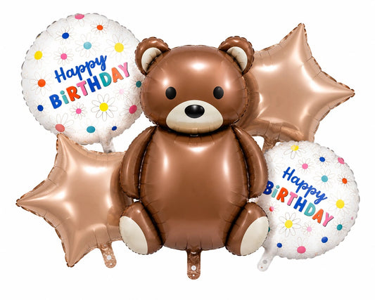 Happy Birthday with Brown Bear and Brown Star 5 Pcs Character Foil Balloon