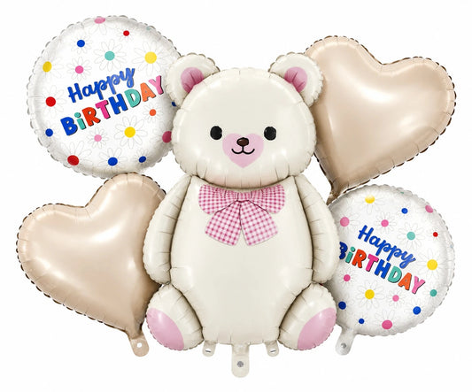 Happy Birthday with White Bear and White Heart 5 Pcs Character Foil Balloon