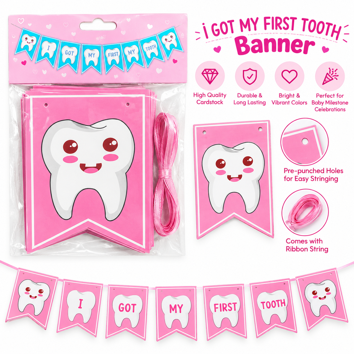 I Got My First Tooth Card Banner - Girl