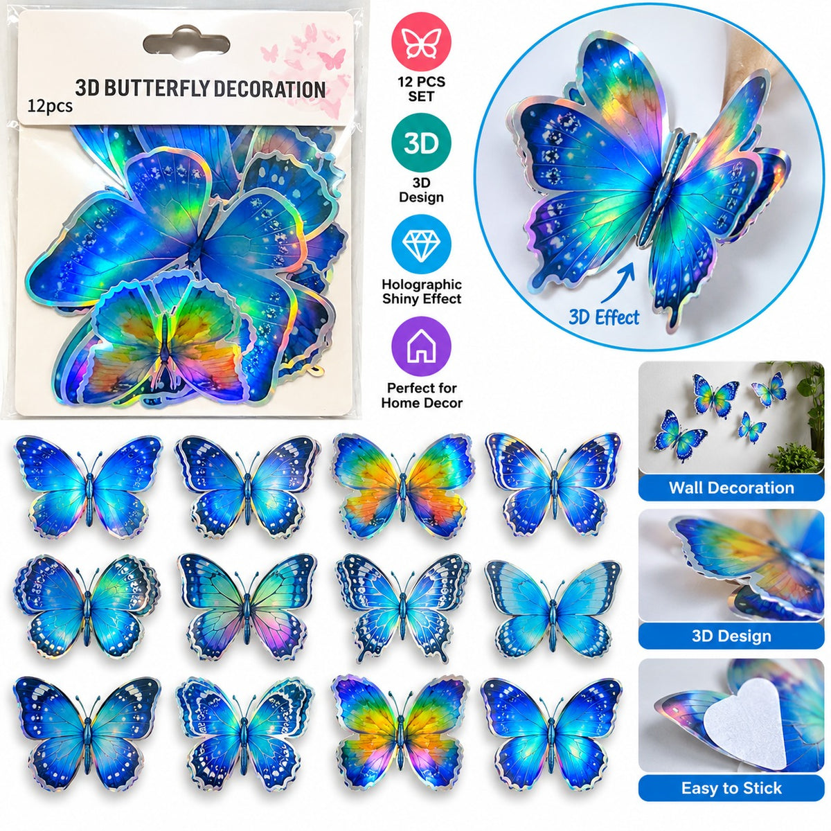 Ice Crystal 3D Butterfly Decoration - Pack of 12