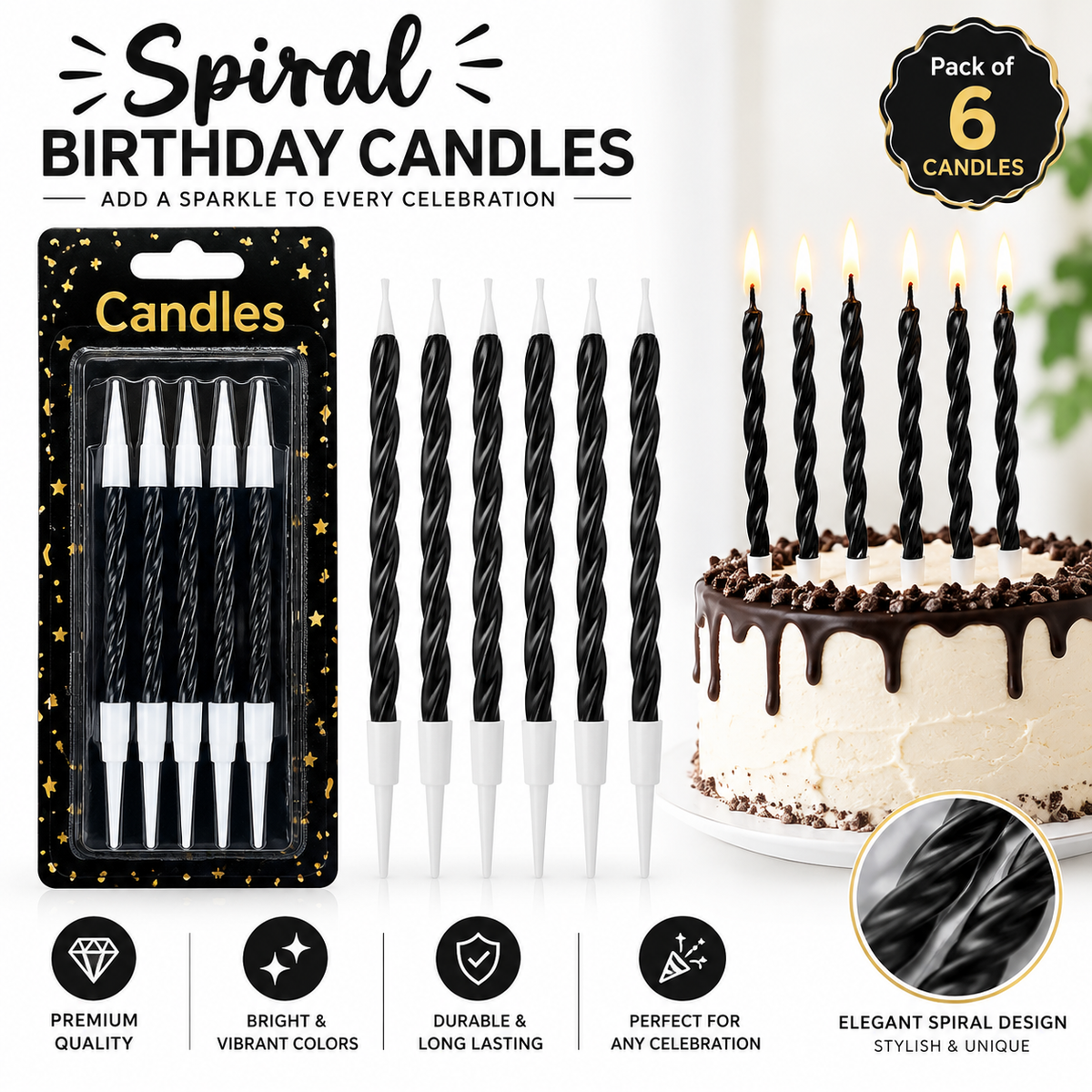SPIRAL CANDLE PACK OF 6 black