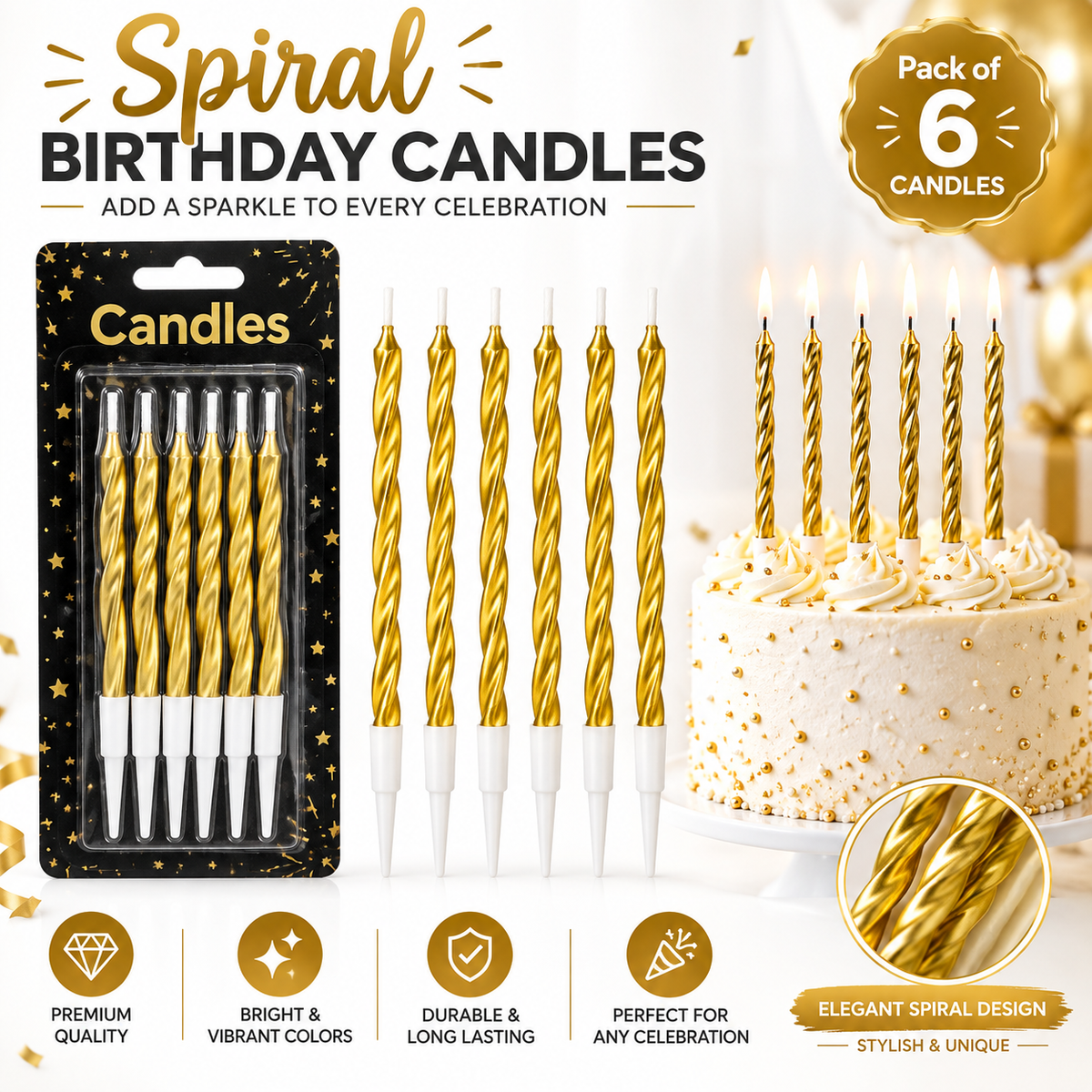 SPIRAL CANDLE PACK OF 6 golden