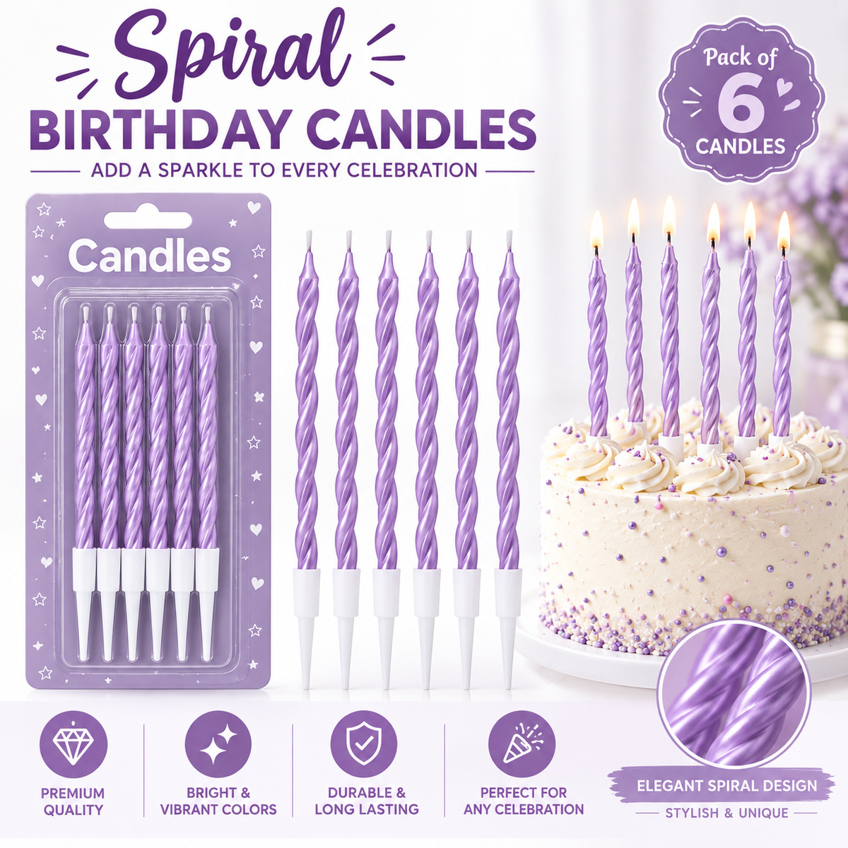 SPIRAL CANDLE PACK OF 6 lilac