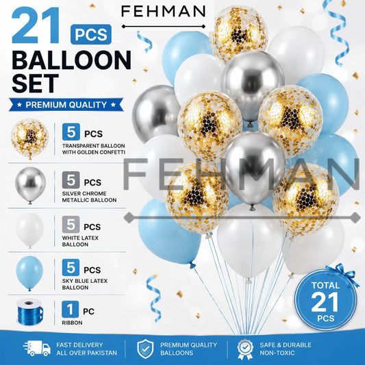 21 Pcs Confetti Balloon Set with Chrome Metallic & Latex Balloon