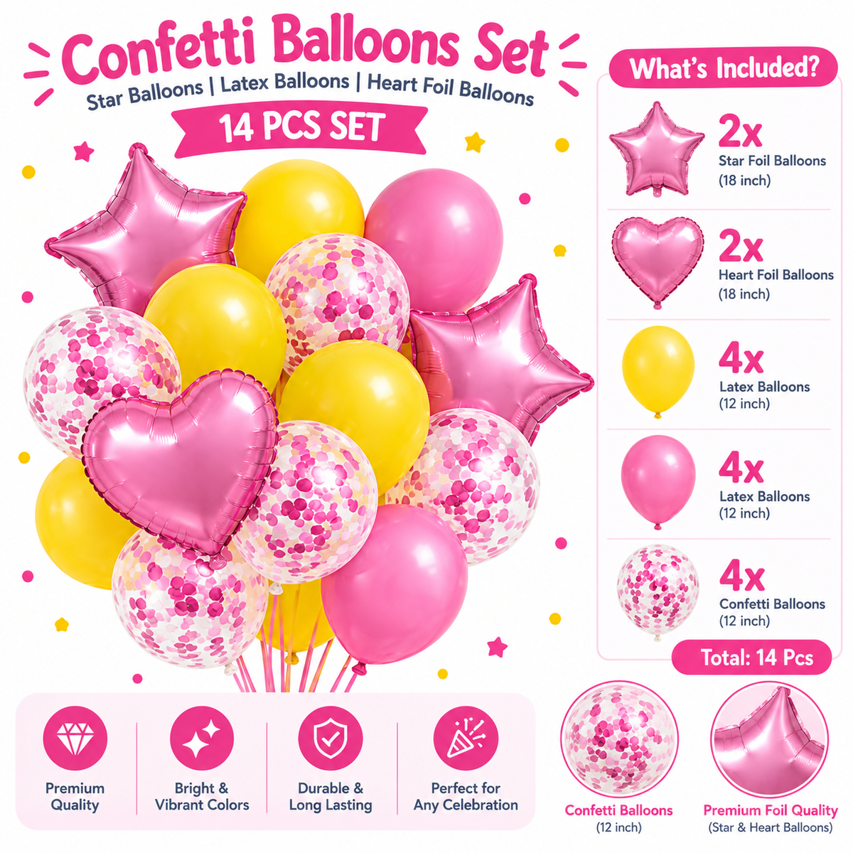 Confetti Balloons Set 14 pcs | Star Balloons Latex Balloons Heart Foil Balloons