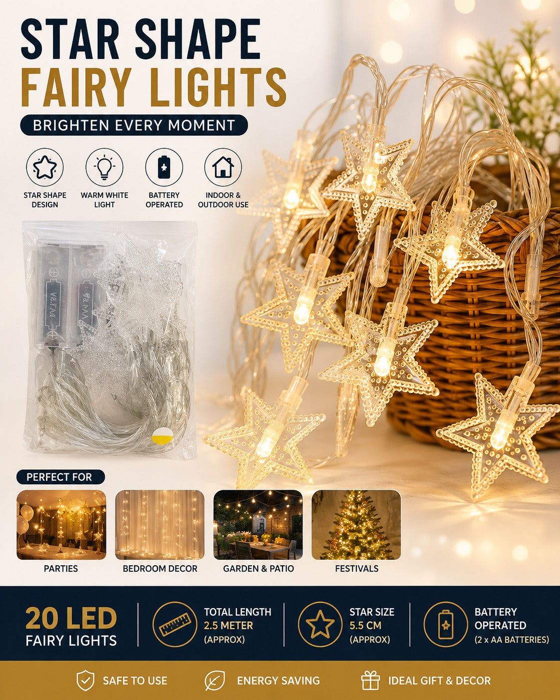 Star Shaped Battery Operated Fairy Lights 20 Bulb