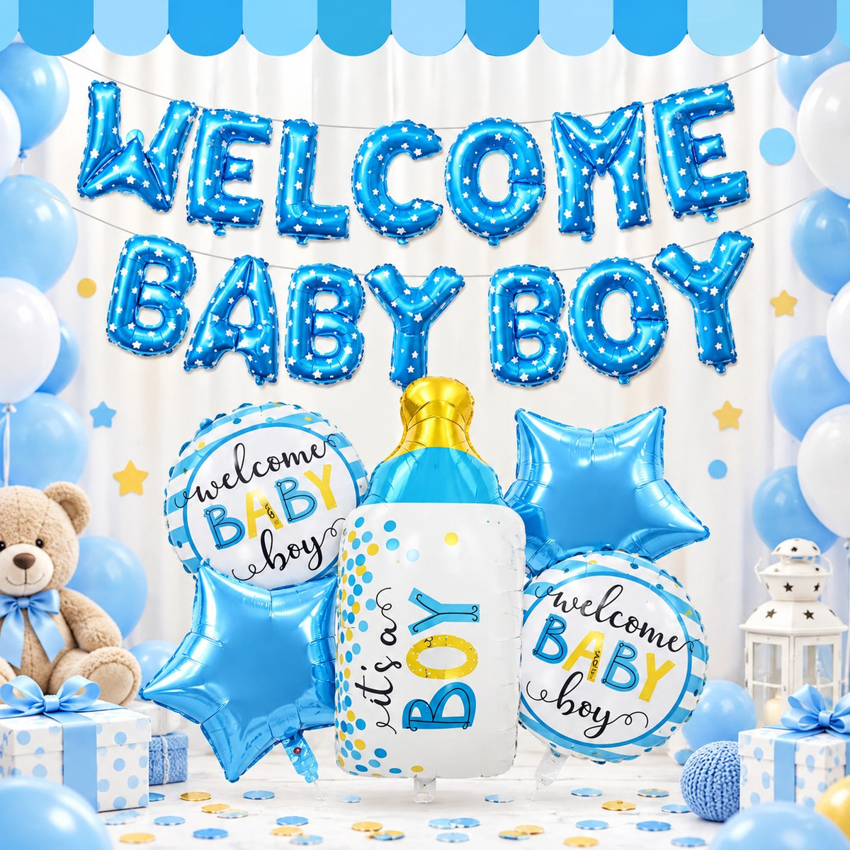 Welcome Baby Boy with Bottle Foil Balloon - 19 pc Set